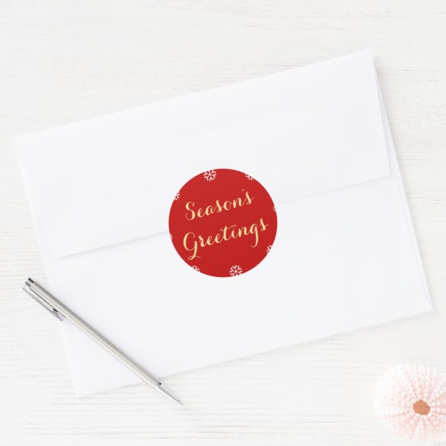 Elegant Seasons Greetings Snowflakes Red Faux Gold Classic Round Sticker (Envelope)