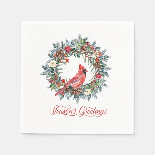 Elegant Season's Greetings Wreath Red Cardinal Napkins (Front)
