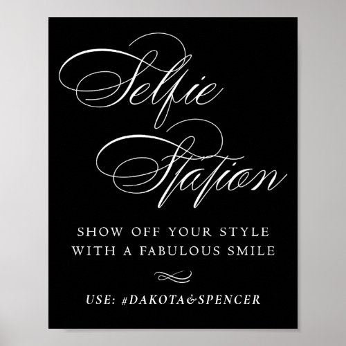 Elegant Selfie Station White Script Smile Hashtag Poster