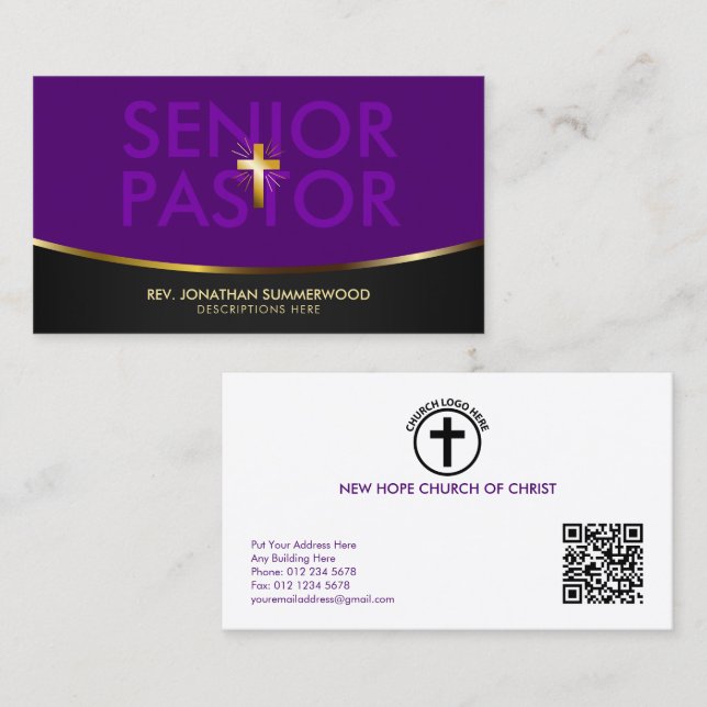 Elegant Senior Pastor Gold Cross & Wave Purple Business Card (Front/Back)
