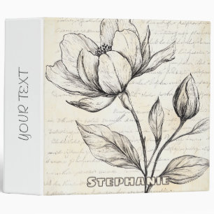 Elegant Sepia Botanical Flowers Vintage Script 3 Ring Binder