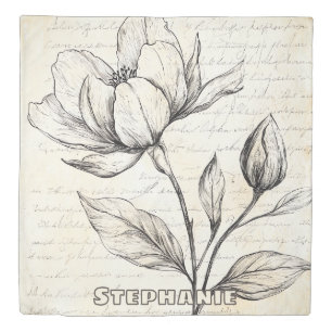Elegant Sepia Botanical Flowers Vintage Script Duvet Cover