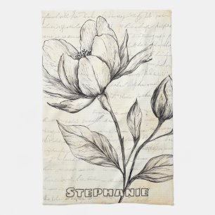Elegant Sepia Botanical Flowers Vintage Script Kitchen Towel