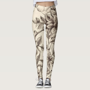 Elegant Sepia Botanical with Layered Florals Leggings