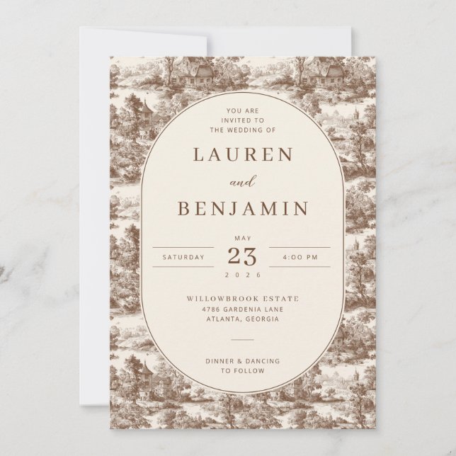 Elegant Sepia Pastoral Illustrations Invitation (Front)