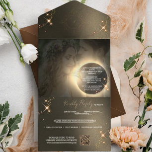 Elegant Sepia Solar Eclipse Custom Photo Wedding All In One Invitation