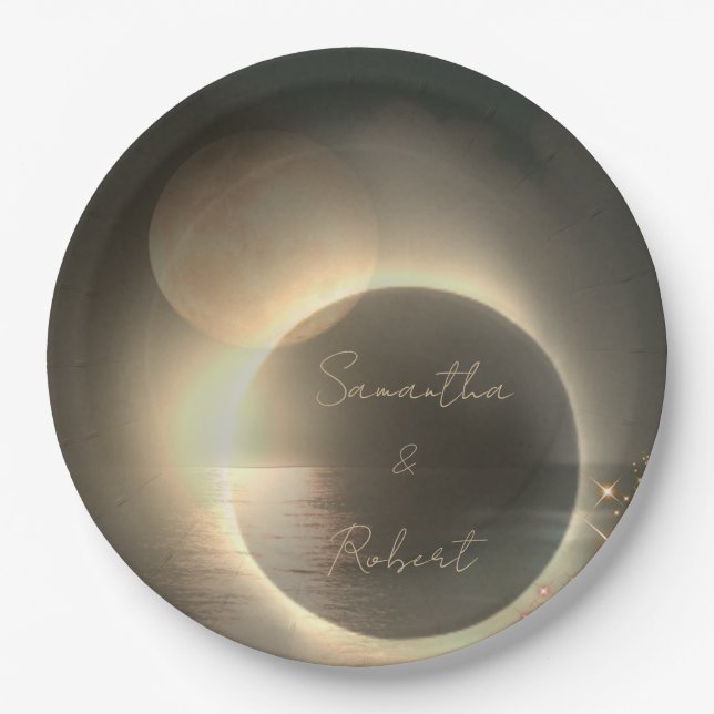 Elegant Sepia Solar Eclipse Custom Photo Wedding   Paper Plates (Front)
