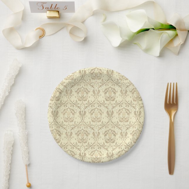 Elegant Sepia Tan Floral Pattern Paper Plates (Wedding)