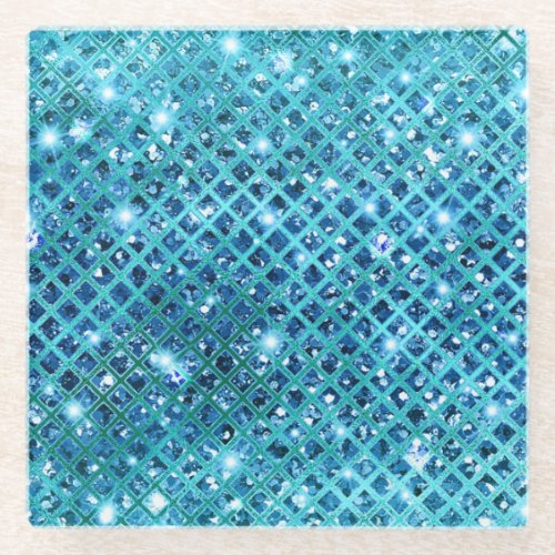 Elegant Sequin Diamonds on Blue Glass Coaster