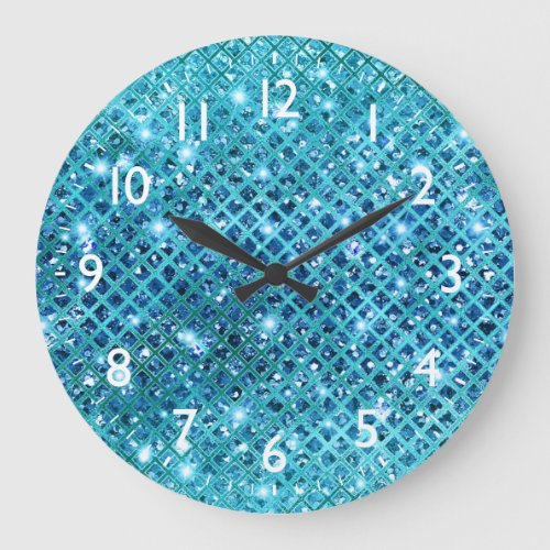 Elegant Sequin Diamonds on Blue Large Clock