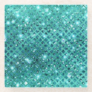 Elegant Sequin Diamonds on Turquoise Green Glass Coaster