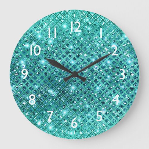 Elegant Sequin Diamonds on Turquoise Green Large Clock