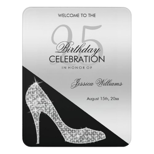 Elegant Sequin Stiletto Silver  Black Birthday Door Sign