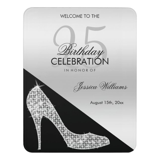 Elegant Sequin Stiletto, Silver & Black Birthday Door Sign (Contemporary Vert)