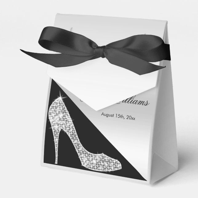 Elegant Sequin Stiletto, Silver & Black Birthday Favor Boxes (Front Side)