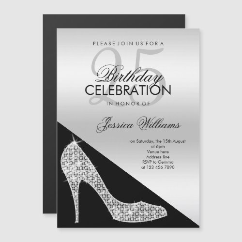 Elegant Sequin Stiletto Silver  Black Birthday   Magnetic Invitation