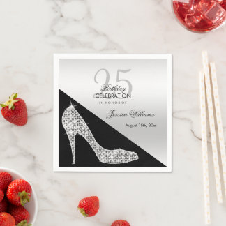 Elegant Sequin Stiletto, Silver & Black Birthday Napkins