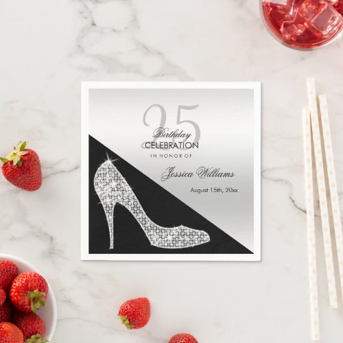 Elegant Sequin Stiletto Silver  Black Birthday   Napkins