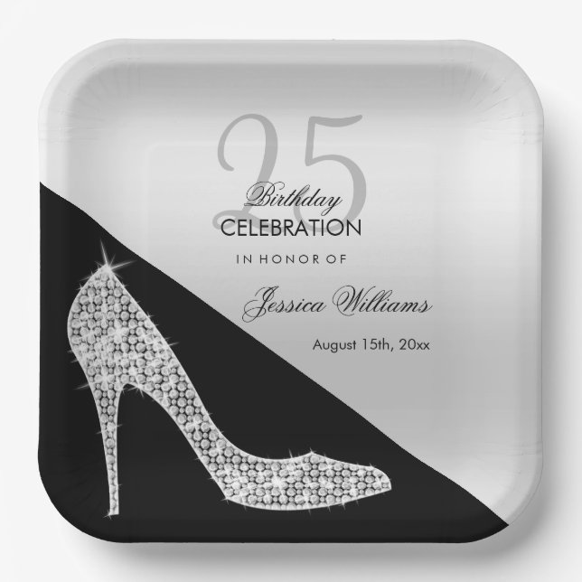 Elegant Sequin Stiletto, Silver & Black Birthday   Paper Plates (Front)