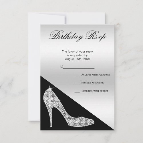 Elegant Sequin Stiletto Silver  Black Birthday RSVP Card