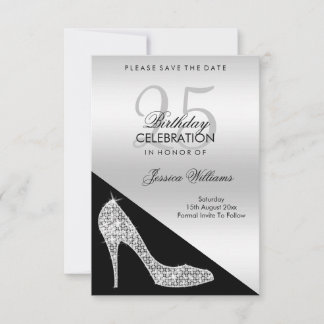 Elegant Sequin Stiletto, Silver & Black Birthday Save The Date
