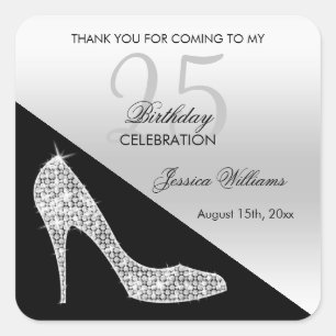 Elegant Sequin Stiletto, Silver & Black Birthday Square Sticker