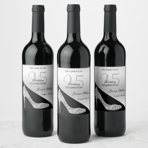 Elegant Sequin Stiletto Silver  Black Birthday   Wine Label