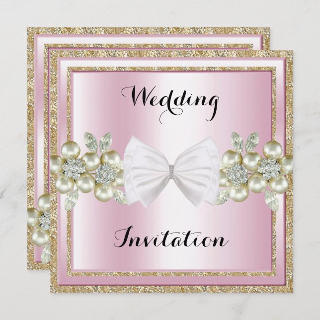 Elegant Sequins & Floral Gems Glitter Bow Wedding Invitation (Front/Back)