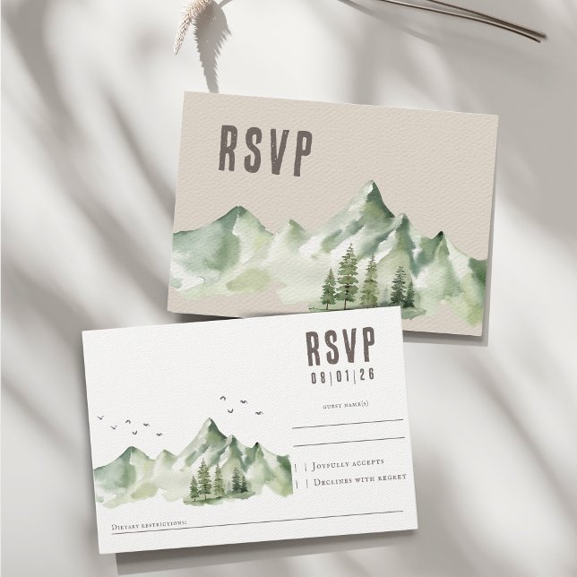 Elegant serene green montain landscape wedding RSVP card (Creator Uploaded)