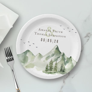 Elegant serene green mountain landscape paper plates