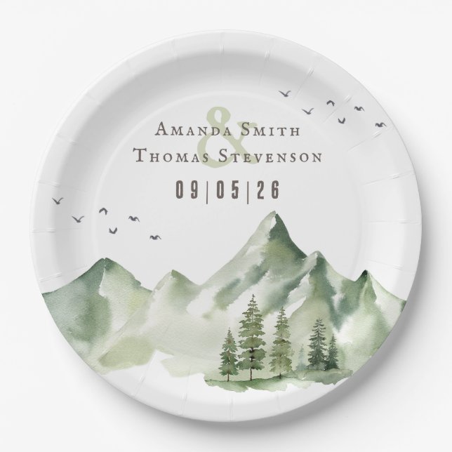 Elegant serene green mountain landscape paper plates (Front)
