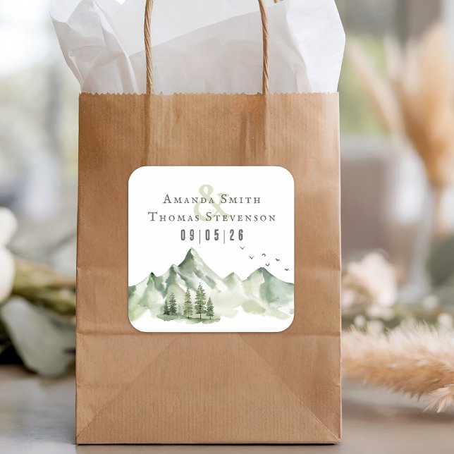 Elegant serene green mountain landscape wedding square sticker (Creator Uploaded)