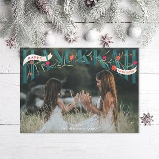 Elegant Serif Hand-Lettered Happy Hanukkah Photo Holiday Card