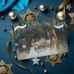 Elegant Serif Hand-Lettered Happy Hanukkah Photo Holiday Card<br><div class="desc">Elegant hand lettered serif "hanukkah" with pomegranates and flowers with "Happy" and "with love" in ribbons.  Original graphic by Becky Nimoy. Photo courtesy of unsplash; in turquoise</div>