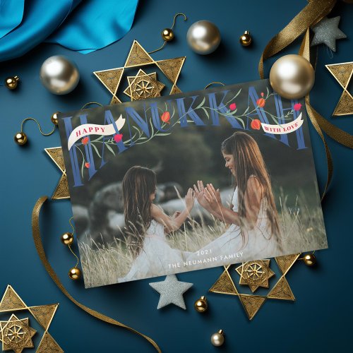 Elegant Serif Hand_Lettered Happy Hanukkah Photo Holiday Card