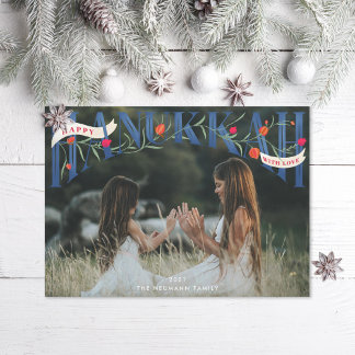 Elegant Serif Hand-Lettered Happy Hanukkah Photo Holiday Card