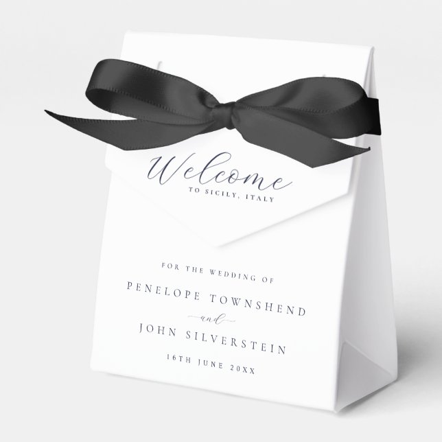 Elegant Serif Script Text Welcome Wedding Favor Boxes (Front Side)