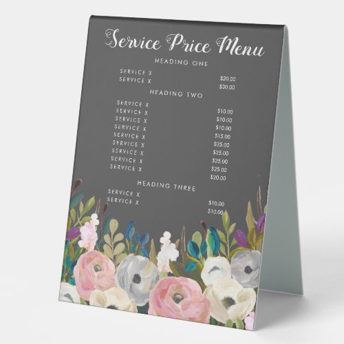 Elegant Service Price Menu Custom Made Table Table Table Tent Sign