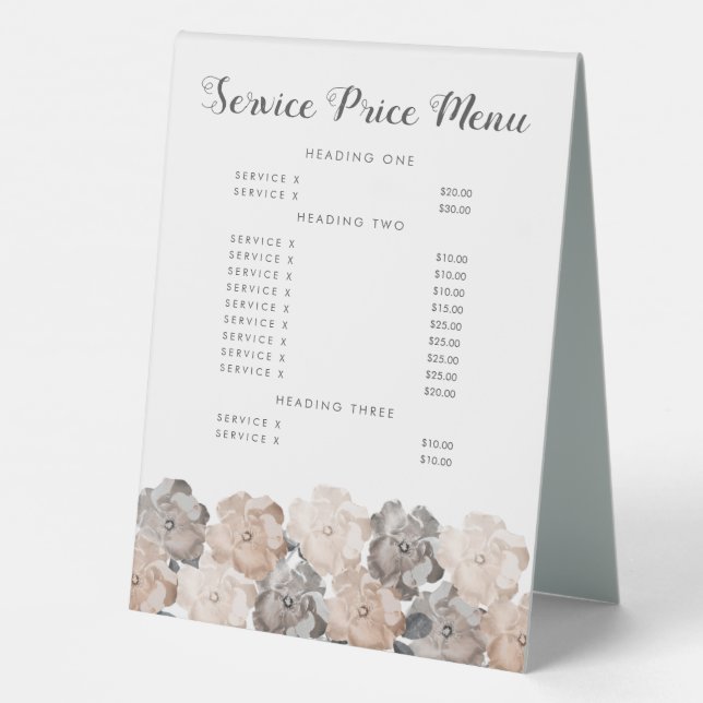 Elegant Service Price Menu Custom Made Table Table Tent (Back)