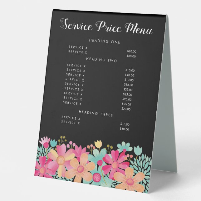 Elegant Service Price Menu Custom Made Table Tent (Front)