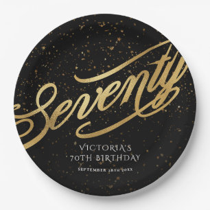 Elegant Seventy 70th Birthday Gold Black Confetti Paper Plates
