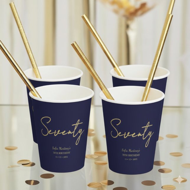 Elegant Seventy Birthday Paper Cup Navy Gold (Creator Uploaded)