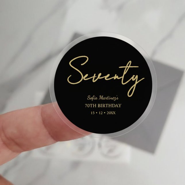 Elegant Seventy Birthday Sticker–Black Gold Script Classic Round Sticker (Creator Uploaded)