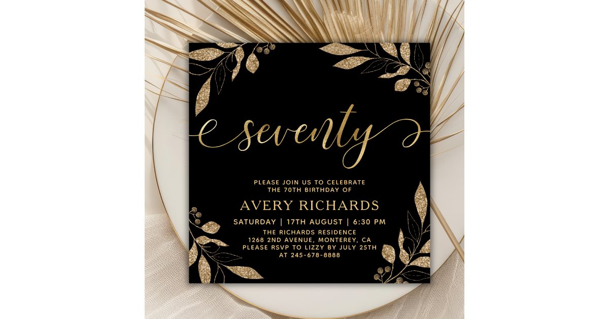 Elegant Seventy Gold Script Black 70th Birthday Invitation | Zazzle