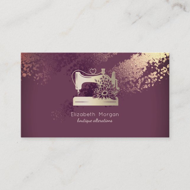 Elegant Sewing Machine Seamstress  Burgundy Business Card (Front)