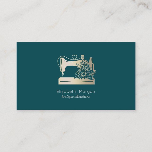Elegant Sewing Machine Seamstress Green Business Card (Front)