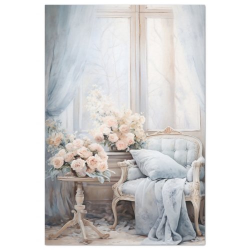 Elegant shabby chic cozy nook sofa and flowers tissue paper