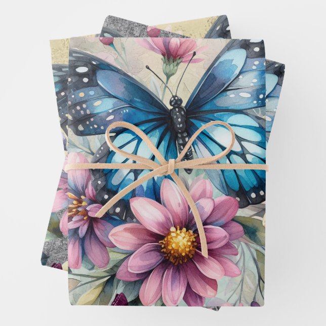 Elegant Shabby Chic Floral & Butterflies Wrapping Paper Sheets (In situ)