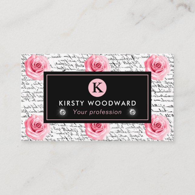 Elegant Shabby Chic Pink and Black Roses Pattern Business Card (Front)