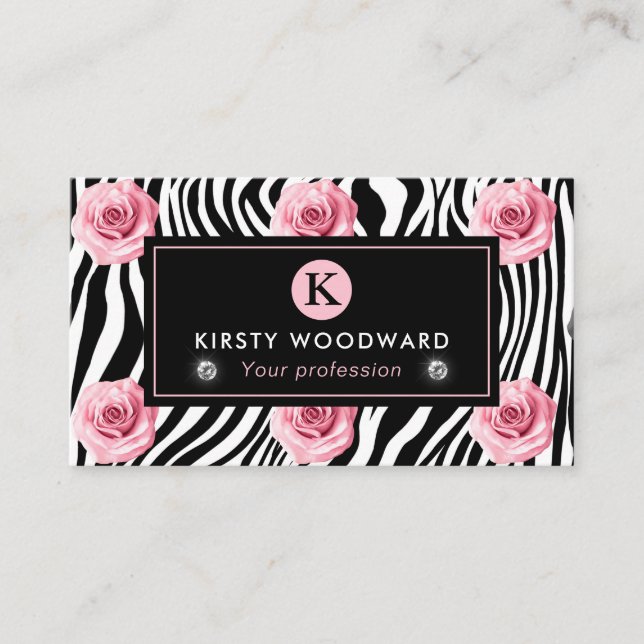 Elegant Shabby Chic Pink and Black Roses Pattern Business Card (Front)